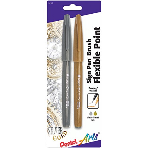 Product Cover Pentel Arts Sign Pen Touch, Fude Brush Tip, Gold/Silver, Pack of 2 (SES15CBPXZ)