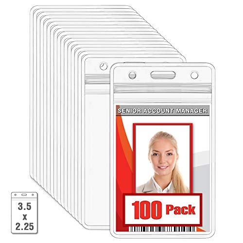Product Cover MIFFLIN Plastic Waterproof ID Badge Holders (Clear, 3.5x2.25 Inch, 100 Pack), Vertical Hanging Card Holder with Zipper, Resealable Bulk Nametag Holders