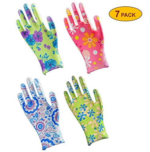 Product Cover Skytree 7 Pairs Pack, Gardening Gloves, Work Gloves, Comfort Flex Coated, Super Light Weight, Breathable Nylon Shell, Women's SMALL Size, (Assorted color)