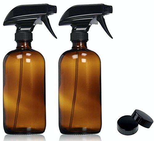 Product Cover Empty Amber Glass Spray Bottles with Labels (2 Pack) - 16oz Refillable Container for Essential Oils, Cleaning Products, or Aromatherapy - Durable Black Trigger Sprayer w/Mist and Stream Settings