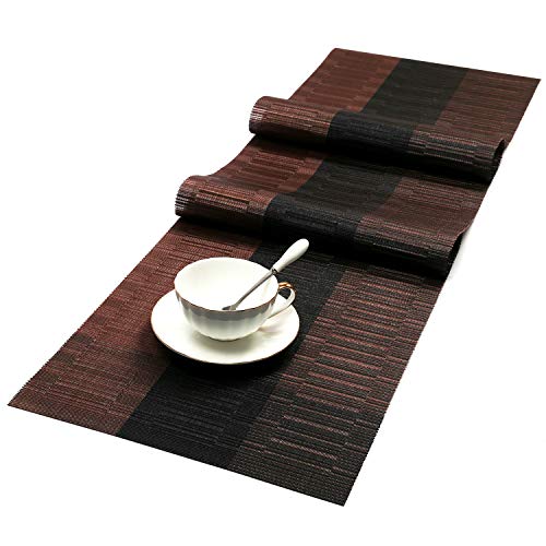 Product Cover SHACOS Woven Vinyl Table Runner for Indoor Outdoor Runner Table Mats 54 x 12 inch Wipe Clean Non Slip (Ombre Coffee and Black)