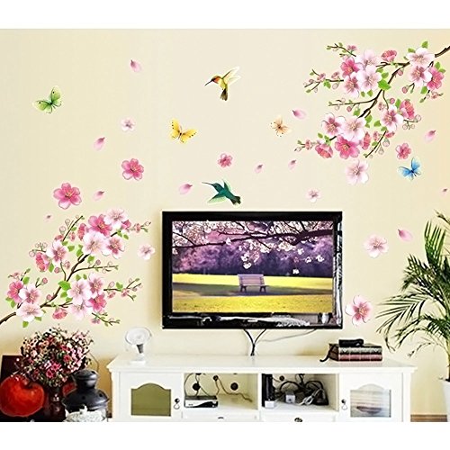 Product Cover LiveGallery Pink Cherry Blossom Tree with Butterfly Vinyl Art Wall Decal Pink Cherry Blossom Tree Wall Decal, Flower Floral Wall Sticker with Butterfly, Vinyl Art Wall Decal, Wall Decal Mural