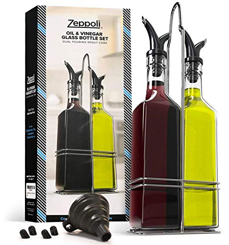 Product Cover Zeppoli Oil and Vinegar Bottle Set with Stainless Steel Rack and Removable Cork - Dual Olive Oil Spout - Olive Oil Dispenser, 17oz Olive Oil Bottle and Vinegar Bottle Glass Set