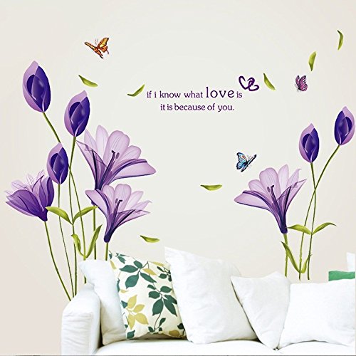 Product Cover LiveGallery Beautiful Lovely Lily Flowers Wall Decals Removable DIY Butterfly Flower Vines Art Decor Wall Stickers Murals for Living Room TV Background Kids Gilrs Rooms Bedroom Decoration (Purple)