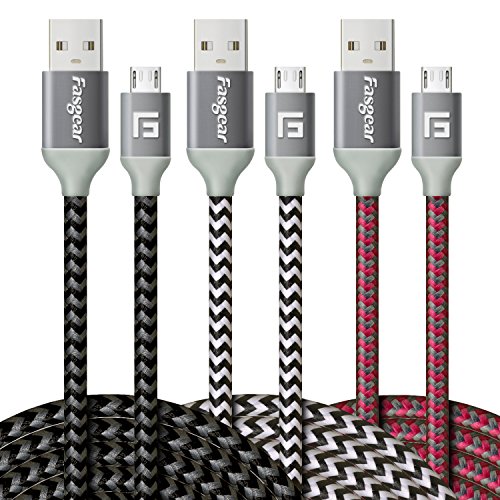 Product Cover Micro USB Cable, Fasgear 3 Pack (10ft/3M) Extra Long Micro USB to USB 2.0 Nylon Braided Fast Charging Data Cord Compatible with S7 Edge/S6/S5,HTC,Motorola,LG,Nokia,Android Phone (Black,White,Rose)
