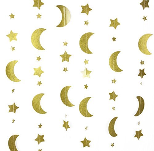 Product Cover Mybbshower Gold Glitter Moon and Stars Garland Children's Birthday Party Nursery Room Decoration 12 Feet