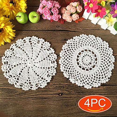Product Cover Elesa Miracle Handmade Round Crochet Cotton Lace Table Placemats Doilies Value Pack, Mix, Beige (4pc-7 Inch White)