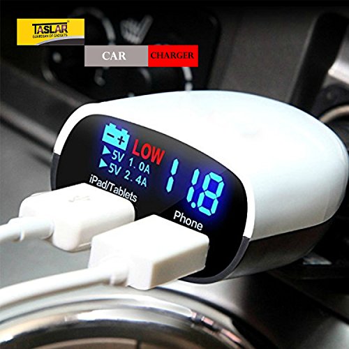 Product Cover Taslar 3.4 Amp Dual USB Intelligent Smart Chip High Speed Plug Car Charger with LED Display and Low Voltage Alarm For All Types of Cars (Black :White)
