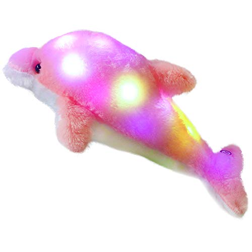 Product Cover WEWILL LED Dolphin Stuffed Animal Night Light Colorful Glowing Dolphin Soft Plush Toys Gift for Kids on Christmas Birthday Festivals, 18-Inch (Pink)