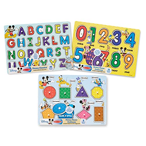 Product Cover Melissa & Doug Disney Wooden Peg Puzzles Set: Letters, Numbers, and Shapes and Colors