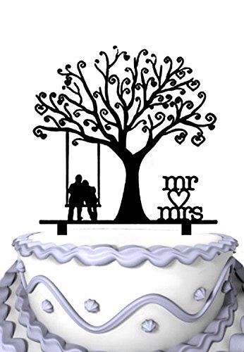 Product Cover Meijiafei Wedding Cake Topper - Groom and Bride Together Under the Tree Silhouette with Script Mr & Mrs Party Decoration