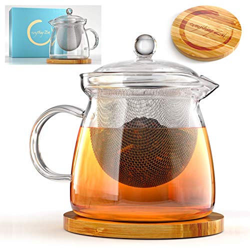 Product Cover Glass Teapot with Infuser and Bamboo Trivet in Beautiful Gift Box - Premium Quality - Oversized Removable Strainer - Lid Fits With or Without Strainer - Loose Leaf & Blooming Tea Pot - Perfect Gift