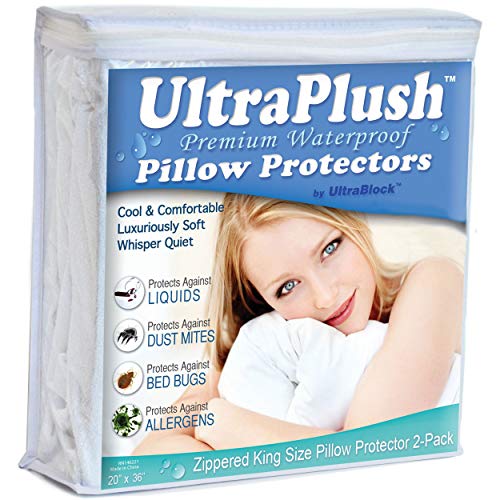 Product Cover UltraPlush King Size Waterproof Pillow Protector - Dust Mite, Bed Bug Cover - Hypoallergenic - Zippered - Set of 2