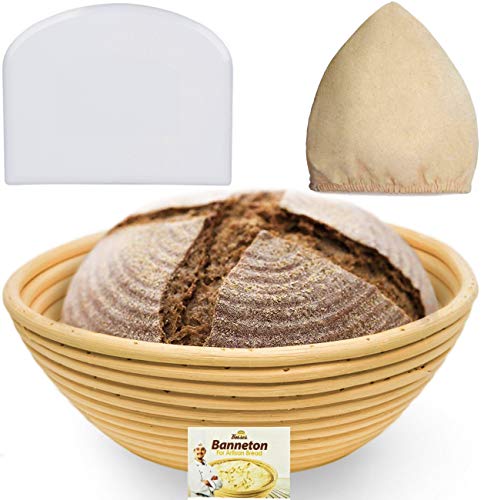 Product Cover 9 Inch Bread Banneton Proofing Basket - Baking Bowl Dough Gifts for Bakers Proving Baskets for Sourdough Lame Bread Slashing Scraper Tool Starter Jar Proofing Box