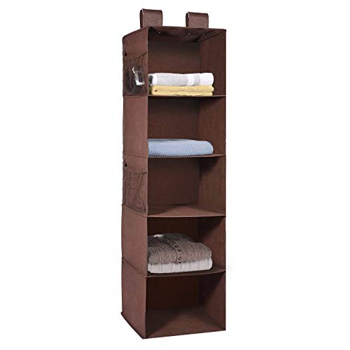 Product Cover MaidMAX 5 Tiers Cloth Hanging Shelf for Closet Organizer with 2 Widen Straps and 4 Mesh Pockets, Foldable, Brown, 42 Inches High
