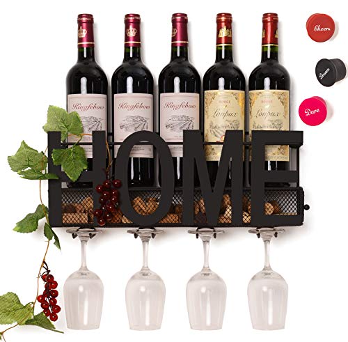 Product Cover SODUKU Wall Mounted Metal Wine Rack 4 Long Stem Glass Holder & Wine Cork Storage