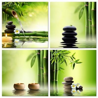 Product Cover Pyradecor Modern 4 Panel Stretched and Framed Contemporary Zen Giclee Canvas Prints Perfect Bamboo Green Pictures on Canvas Wall Art for Home Office Decorations Living Room Bedroom