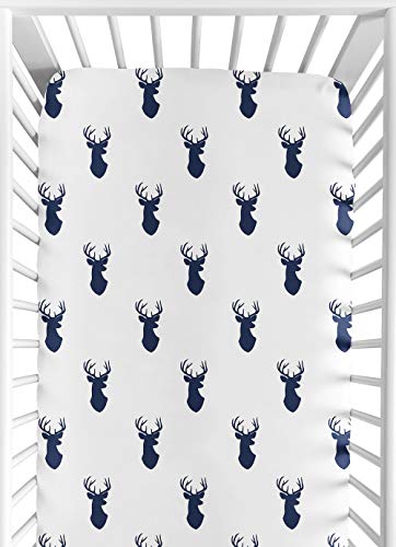 Product Cover Sweet Jojo Designs Fitted Crib Sheet for Navy and White Woodland Deer Baby/Toddler Bedding Set Collection - Deer Print