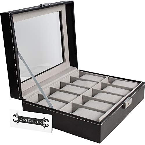 Product Cover Watch Box Organizer Pillow Case - 10 Slot Luxury Premium Display Cases with Framed Glass Lid Elegant Contrast Stitching Sturdy and Secure Lock for Men and Women Watch and Jewelry Large Holder Boxes