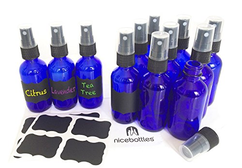 Product Cover Glass Spray Bottles, 2 Oz Cobalt Blue Boston Round with Fine Mist Sprayer & Chalkboard Labels - Pack of 12
