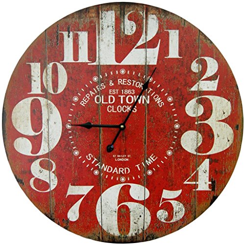 Product Cover Round Red Decorative Wall Clock with Big Numbers and Distressed Old Town face 23 x 23 inches Quartz Movement