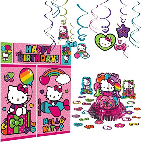 Product Cover Hello Kitty Rainbow Decorations Birthday Party Supplies Pack | Hanging Swirls, Scene Setter, and Table Decorating Kit | Have The Best Hello Kitty Party With This Rainbow Hello Kitty Party Set!