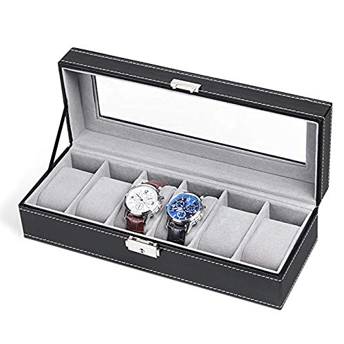 Product Cover NEX 6 Slot Leather Watch Box Display Case Organizer Glass Jewelry Storage Black