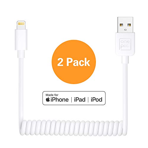 Product Cover ONE PIX Coiled Lightning Cable for iPhone (2 Pack), MFi Certified Coil Car Charger Cable Compatible with iPhone 11/XS/XS Max/XR/X/8/8 Plus/7/7 Plus/6s/6s Plus/6/6 Plus/SE/5s/5c/5/iPad/iPod - White