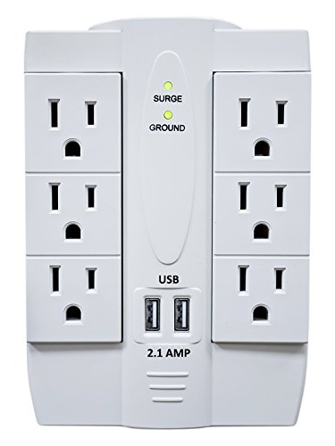 Product Cover 6 AC Outlet Power Surge Protector with 2 Ports USB Wall Charger 2.1Amp and Swivel Sockets - White