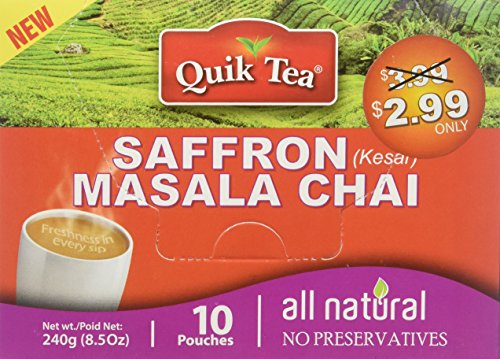 Product Cover Quik Tea All Natural Saffron Chai Latte Mix Made from Assam Teas All Natural No Preservatives 10 Pouches (240 g / 8.5 oz)