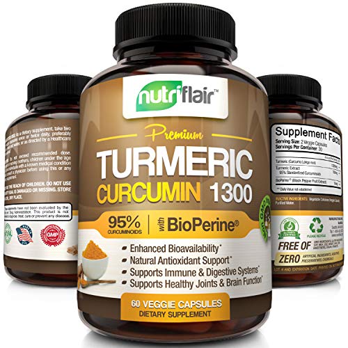 Product Cover NutriFlair Premium Turmeric Curcumin Supplement (1300mg) with BioPerine Black Pepper (60 Capsules, 30 Day Supply) - Powerful Joint Pain Relief, Anti-Inflammatory Antioxidant - GMO and Allergen Free