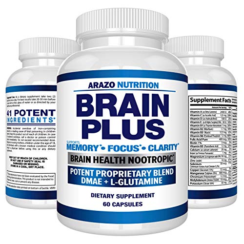 Product Cover Premium Brain Function Supplement - Memory, Focus, Clarity - Nootropic Booster with DMAE, Bacopa Monnieri, L-Glutamine, Multi Vitamins, Multi Minerals - Arazo Nutrition