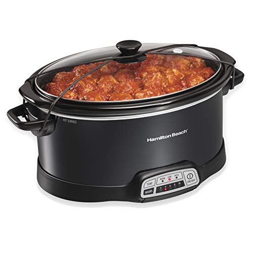 Product Cover Hamilton Beach Portable 7-Quart Programmable Slow Cooker With Lid Latch Strap for Easy Transport, Dishwasher-Safe Crock, Black (33474)