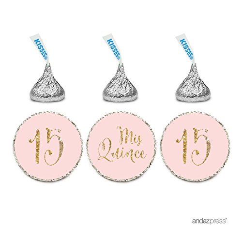 Product Cover Andaz Press Gold Glitter Print Chocolate Drop Labels Stickers, Mis Quince Sweet 15 Birthday Quinceanera, Blush Pink, 216-Pack, Not Real Glitter, for Hershey's Kisses Party Favors