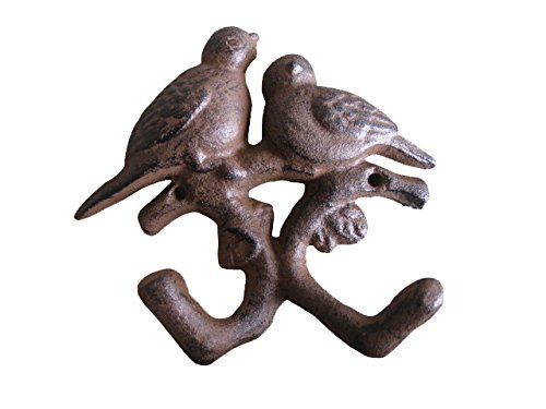 Product Cover Cast Iron Double Birds Two Key Coat Hooks Wall Hanger Clothes Rail Set, Heavy Duty, Rustic Recycled