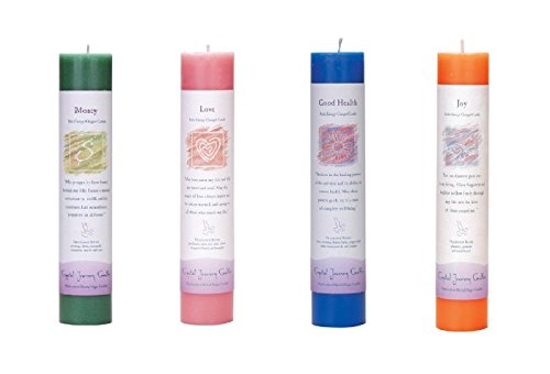 Product Cover Crystal Journey Reiki Charged Herbal Magic Pillar Candle with Inspirational Labels - Bundle of 4 (Money, Love, Good Health, Joy) Each 7