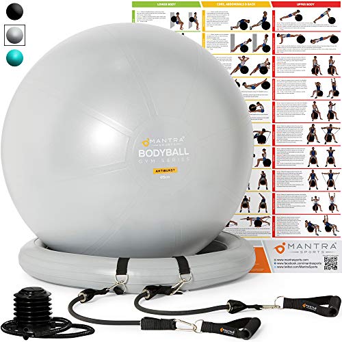 Product Cover Exercise Ball Chair - 65cm & 75cm Yoga Fitness Pilates Ball & Stability Base for Home Gym & Office - Resistance Bands, Workout Poster & Pump. Improves Balance, Core Strength & Posture - Men & Women