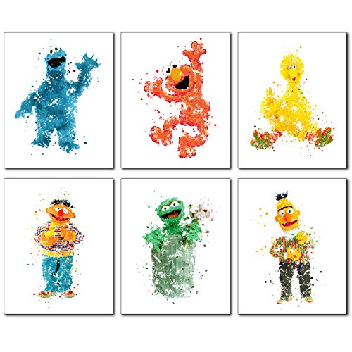 Product Cover Sesame Street Watercolor Wall Art Prints - Set of 6 Photos Elmo Big Bird Cookie Monster Burt Ernie Oscar The Grouch