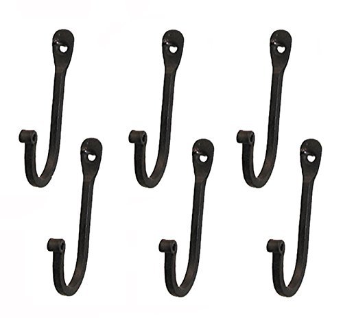 Product Cover Early American Single Prong Wrought Iron Hooks, Set of 6 - Rustic Curved Metal Fasteners - Decorative Colonial Wall Décor