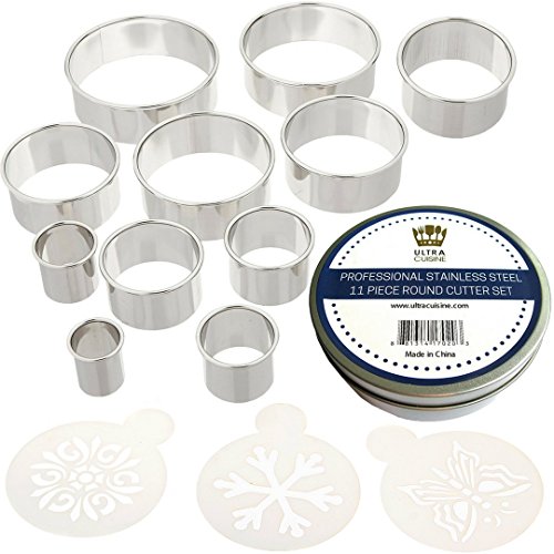 Product Cover Ultra Cuisine Round Cookie Biscuit Cutter Set - 11 Graduated Circle Pastry Cutters for Donut and Scone Heavy Duty Commercial Quality 100% Stainless Steel Metal Ring Baking Molds with 3 Cookie Stencils