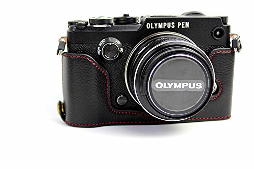 Product Cover BolinUS Handmade Genuine Real Leather Half Camera Case Bag Cover for Olympus PEN-F Bottom Opening Version + Hand Strap - Black