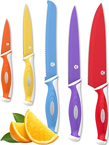 Product Cover Vremi 10 Piece Colorful Knife Set - 5 Kitchen Knives with 5 Knife Sheath Covers - Chef Knife Sets with Carving Serrated Utility Chef's and Paring Knives - Magnetic Knife Set with Matching Color Case