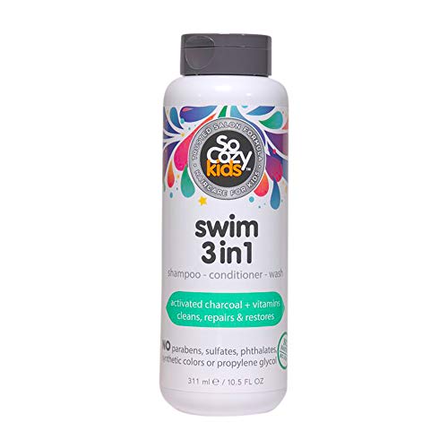 Product Cover SoCozy Swim 3 In 1 Shampoo + Conditioner + Body Wash - Activated Charcoal Cleanses & Repairs Hair damaged by Pool chemicals, Saltwater, The Sun - Loco Lime Scent, 10.5 Fluid Oz