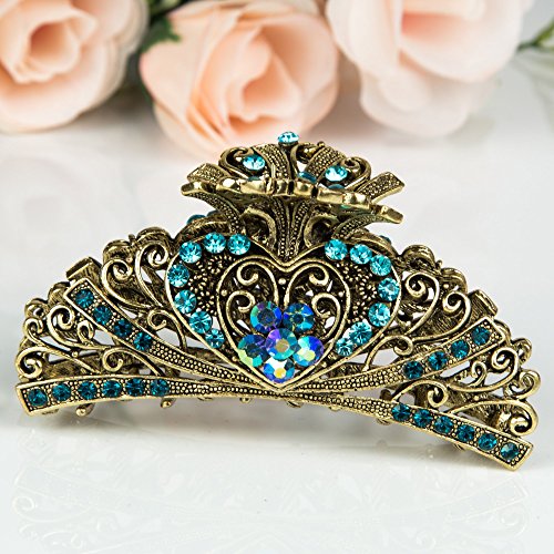 Product Cover Beautyxyz Woman's new heart design XLarge 4 inch metal rhinestones hair clip claws (blue)