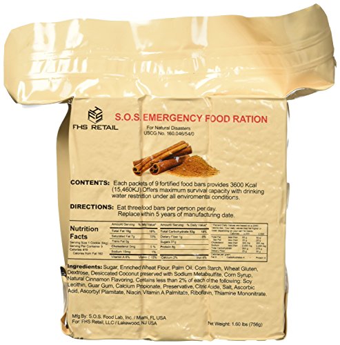 Product Cover SOS Food Labs SOScin1pk S.O.S. Rations Emergency 3600 Calorie Cinnamon Flavor Food Bar - 3 Day / 72 Hour Package with 5 Year Shelf Life- 1 Pack