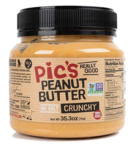 Product Cover Pic's Crunchy Peanut Butter, No Salt (35.3oz) Made in New Zealand with All Natural Non GMO Peanuts, No Added Sugar, Delicious Gourmet Chunky Texture, Healthy Source of Protein, Vegan Friendly