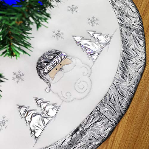 Product Cover WEWILL 36'' Luxury Christmas Tree Skirt Embroidered Silvery Santa Claus Snowflake with Satin Border, Xmas Tree Skirt Themed with Christmas Stockings(Not Included) (White)