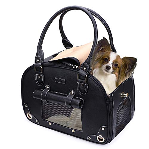 Product Cover PetsHome Dog Carrier, Pet Carrier, Cat Carrier, Foldable Waterproof Premium PU Leather Pet Travel Portable Bag Carrier for Cat and Small Dog Home & Outdoor Small Black