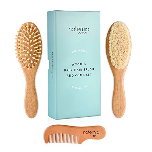 Product Cover Natemia Premium Wooden Baby Hair Brush and Comb Set - Natural Soft Bristles - Ideal for Cradle Cap - Perfect Baby Registry Gift