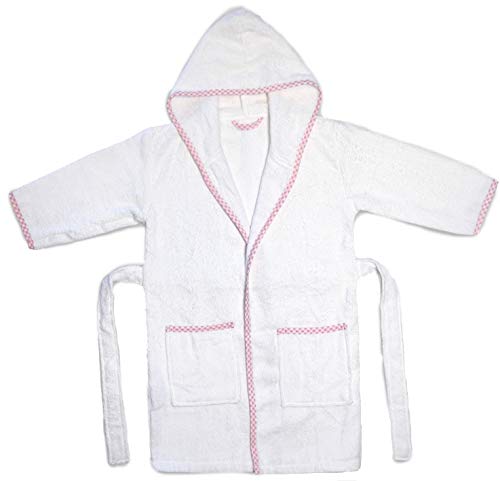 Product Cover Princess Charlotte Style Kids Bathrobe. Luxury Kids White Pink Checkered Binding Hooded Bathrobe. for Girls Cute and Cuddly Robes. Super Soft and Absorbent. Made in Turkey. (Pink)